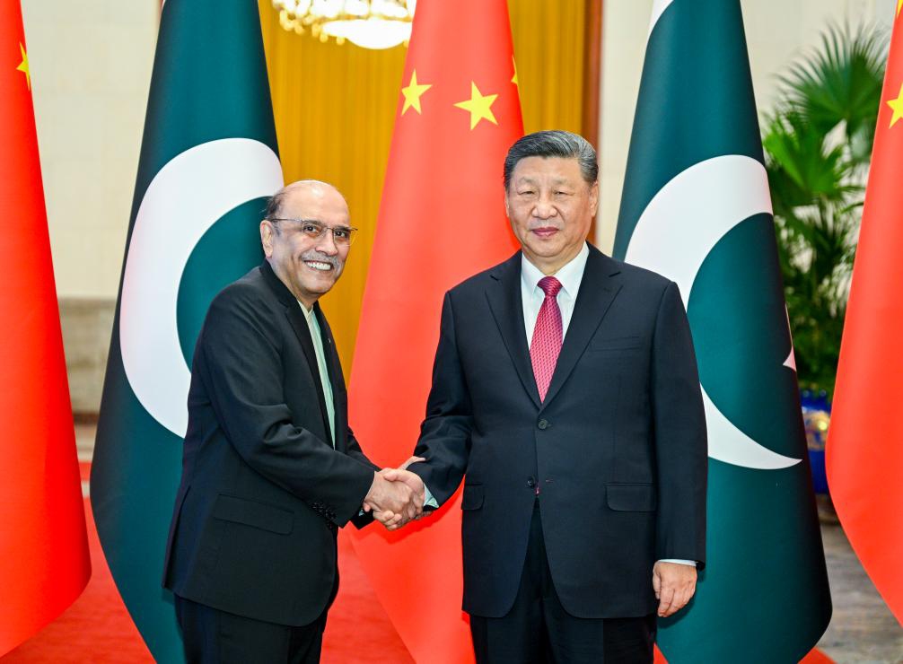 Chinese President Xi Jinping shakes hands with Pakistani President Asif Ali Zardari at the Great Hall of the People in Beijing, capital of China, Feb. 5, 2025. Xi held talks with Zardari, who is on a state visit to China, in Beijing on Wednesday. (Xinhua/Li Xueren)