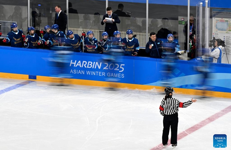 Players of Kazakhstan celebrate scoring during the women's ice hockey group B match between Kazakhstan and Thailand at 2025 Asian Winter Games in Harbin, northeast China's Heilongjiang Province, Feb. 4, 2025. Photo: Xinhua