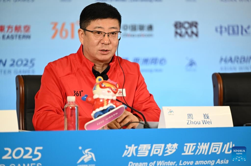 Zhou Wei, deputy director of ceremonies & events department and spokesperson of the Harbin Asian Winter Games Organizing Committee (HAWGOC), speaks during a media briefing held by the Olympic Council of Asia (OCA) and HAWGOC in Harbin, northeast China's Heilongjiang Province, Feb. 6, 2025. A media briefing is held by the OCA and HAWGOC here on Thursday. Photo: Xinhua