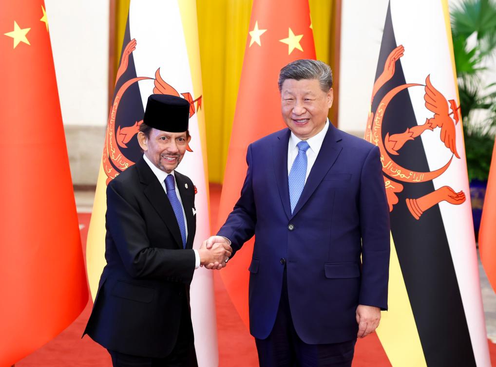 Chinese President Xi Jinping shakes hands with Sultan of Brunei Haji Hassanal Bolkiah Mu'izzaddin Waddaulah at the Great Hall of the People in Beijing, capital of China, Feb. 6, 2025. Xi held talks with Hassanal, who is on a state visit to China, in Beijing on Thursday. (Xinhua/Huang Jingwen)