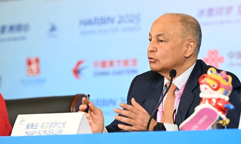 Husain Al Musallam, director general of the Olympic Council of Asia (OCA), speaks during a media briefing held by the OCA and Harbin Asian Winter Games Organizing Committee (HAWGOC) in Harbin, northeast China's Heilongjiang Province, Feb. 6, 2025. A media briefing is held by the OCA and HAWGOC here on Thursday. Photo: Xinhua