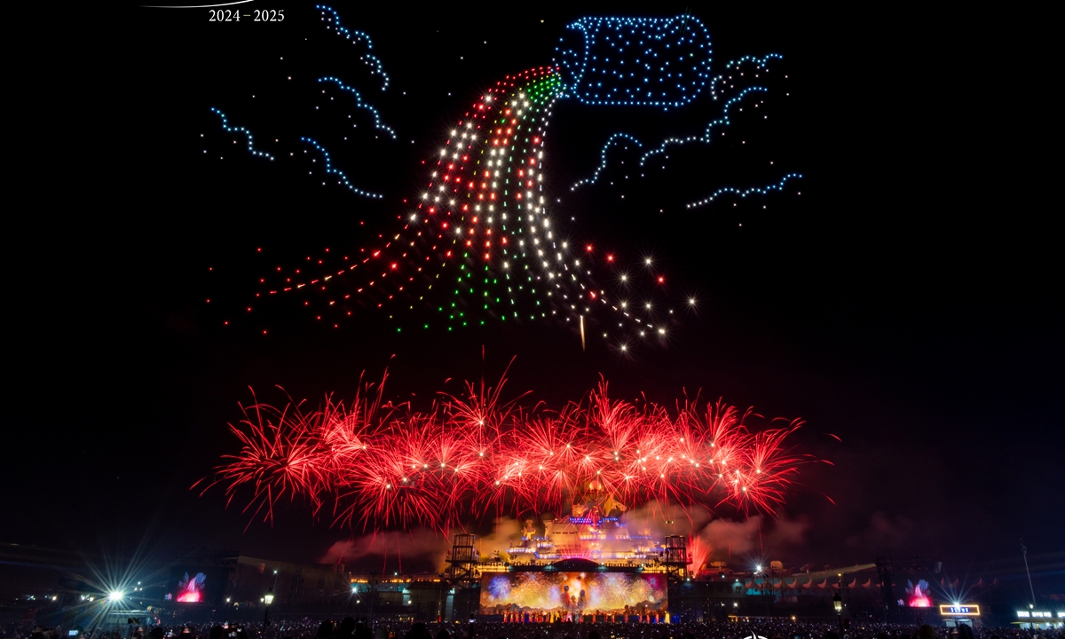 A firework display featuring drones and Liuyang fireworks is hosted in Liuyang, Central China's Hunan Province, on December 31, 2024. Photo: Courtesy of Yi Xin