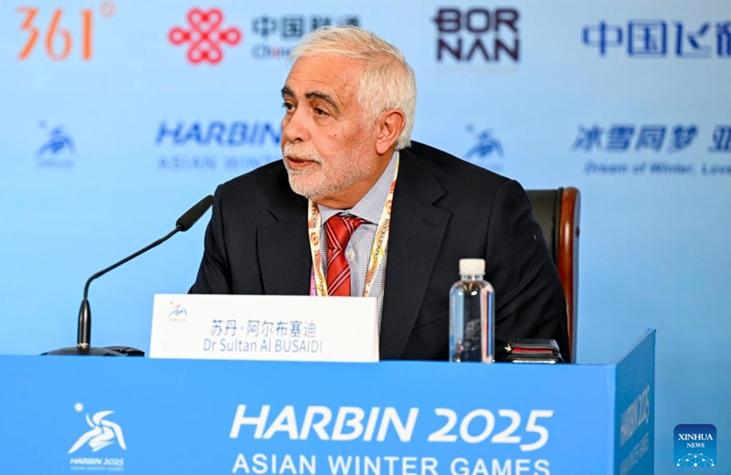 Sultan Al Busaidi, chair of medical committee of the Olympic Council of Asia (OCA) speaks during a media briefing held by the OCA and Harbin Asian Winter Games Organizing Committee (HAWGOC) in Harbin, northeast China's Heilongjiang Province, Feb. 6, 2025. A media briefing is held by the OCA and HAWGOC here on Thursday. Photo: Xinhua