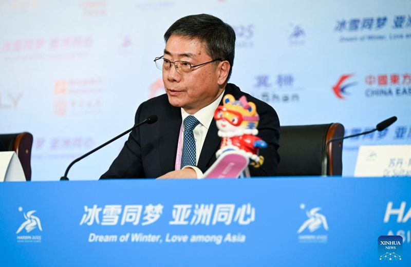 Song Luzeng, vice president of Olympic Council of Asia (OCA), speaks during a media briefing held by the OCA and Harbin Asian Winter Games Organizing Committee (HAWGOC) in Harbin, northeast China's Heilongjiang Province, Feb. 6, 2025. A media briefing is held by the OCA and HAWGOC here on Thursday. Photo: Xinhua