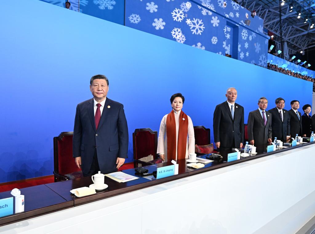 Xi Jinping and other leaders of the Communist Party of China and the state attend the opening ceremony of the 9th Asian Winter Games in Harbin, northeast China's Heilongjiang Province, Feb. 7, 2025. (Xinhua/Yan Yan)