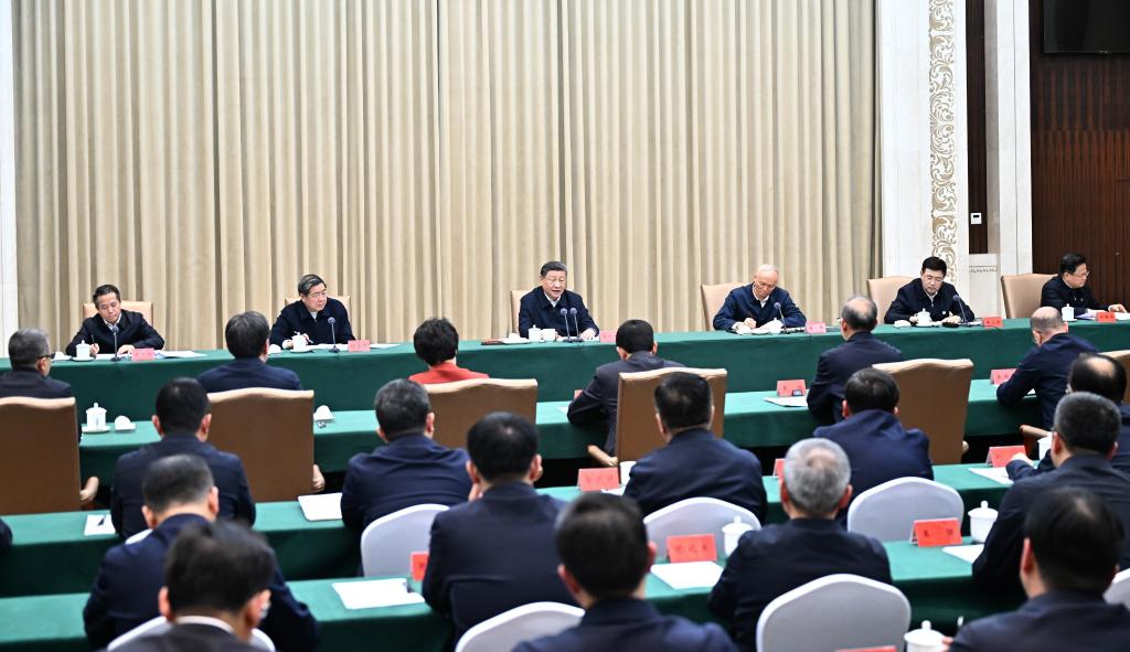 Chinese President Xi Jinping, also general secretary of the Communist Party of China (CPC) Central Committee and chairman of the Central Military Commission, delivers an important speech after listening to the work report from the Jilin Provincial Committee of the CPC and the provincial government in Changchun, northeast China's Jilin Province, Feb. 8, 2025. (Xinhua/Yan Yan)