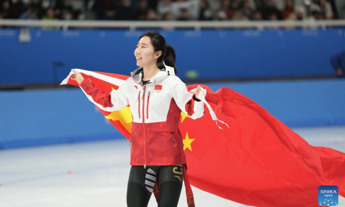 Han Mei of China celebrates after the women's 1000m final match of the speed skating event at the 9th Asian Winter Games in Harbin, northeast China's Heilongjiang Province, Feb. 11, 2025. (Xinhua/Wang Jianwei)