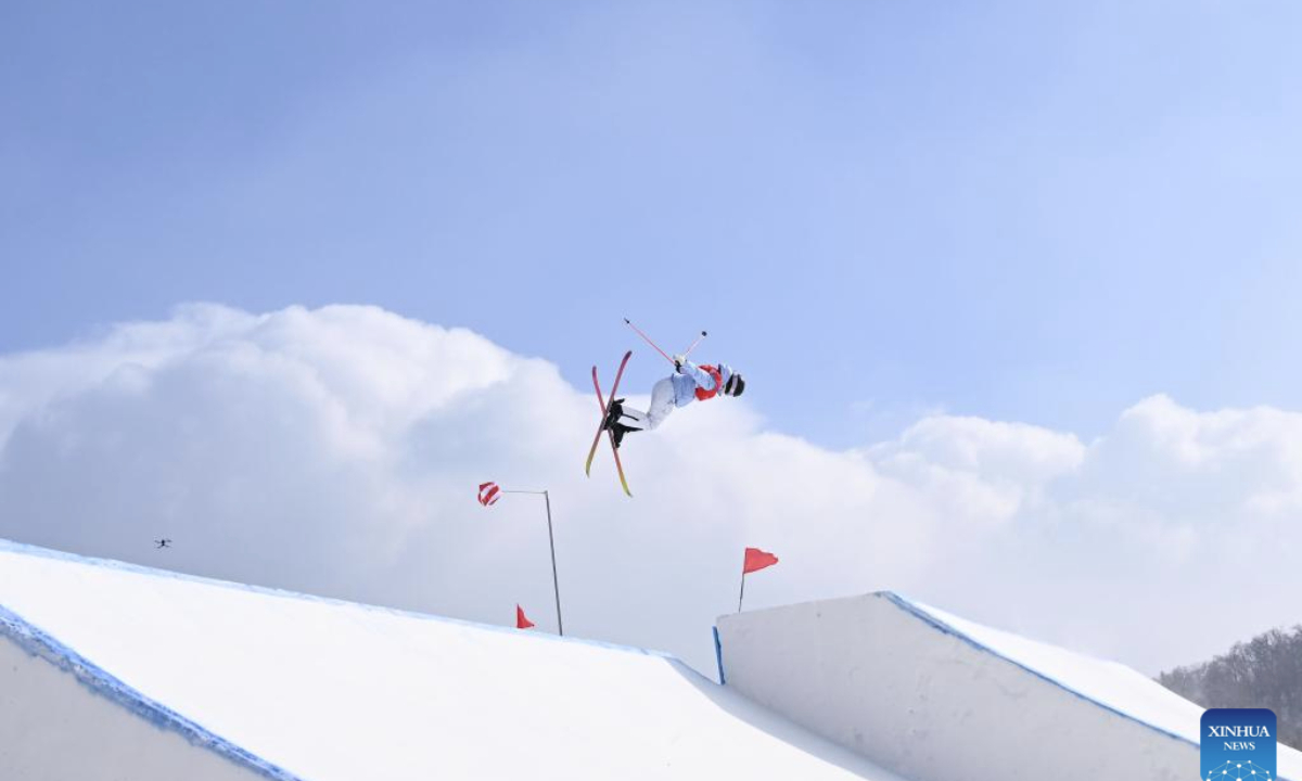 Yang Ruyi of China competes during the Freestyle Skiing women's freeski big air final match at the 9th Asian Winter Games in Yabuli, northeast China's Heilongjiang Province, Feb. 12, 2025. (Xinhua/Xia Yifang)