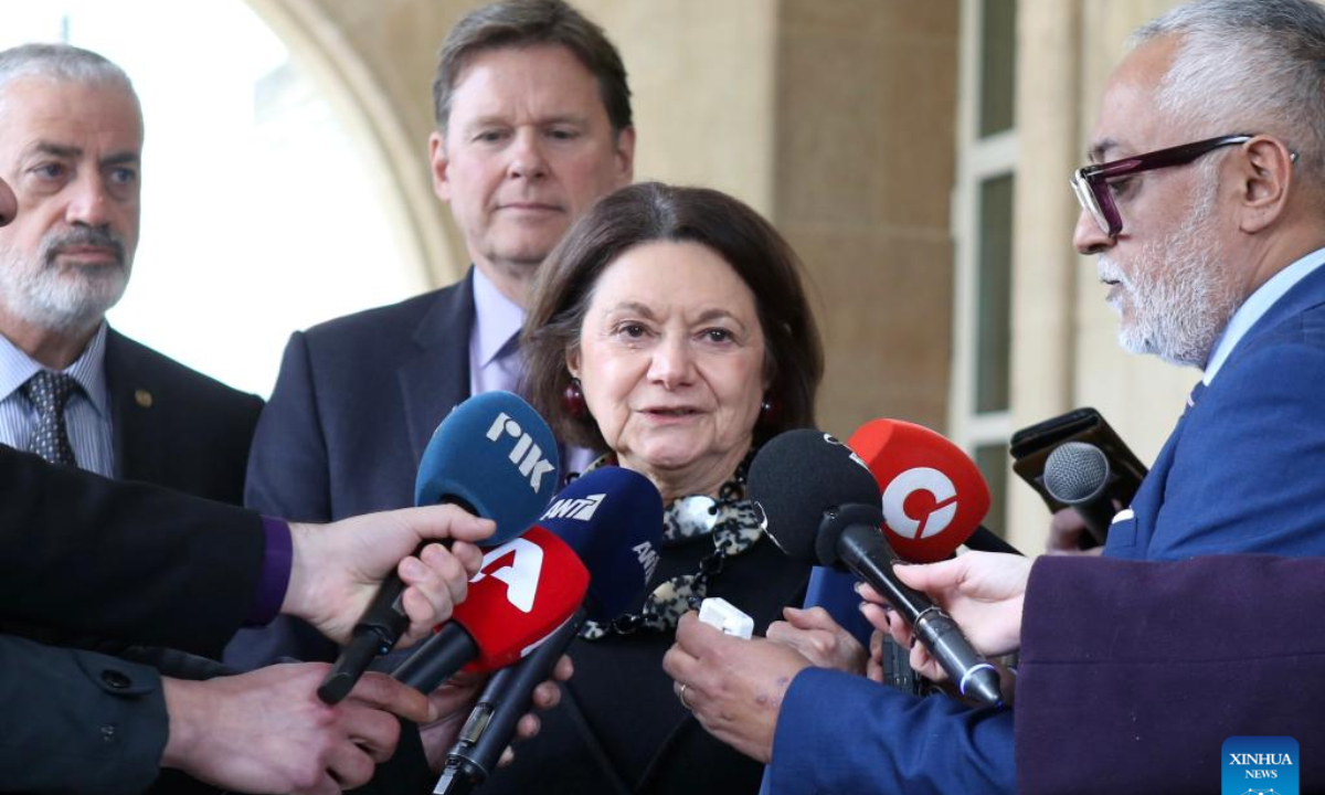 UN Under-Secretary-General for Peacebuilding Rosemary DiCarlo (C) speaks to the media in Nicosia, Cyprus, on Feb. 10, 2025. The United Nations (UN) envoy met separately with Greek and Turkish Cypriot leaders on Monday, inviting them to an expanded meeting aimed at reviving stalled Cyprus peace negotiations in March. (Photo by George Christophorou/Xinhua)