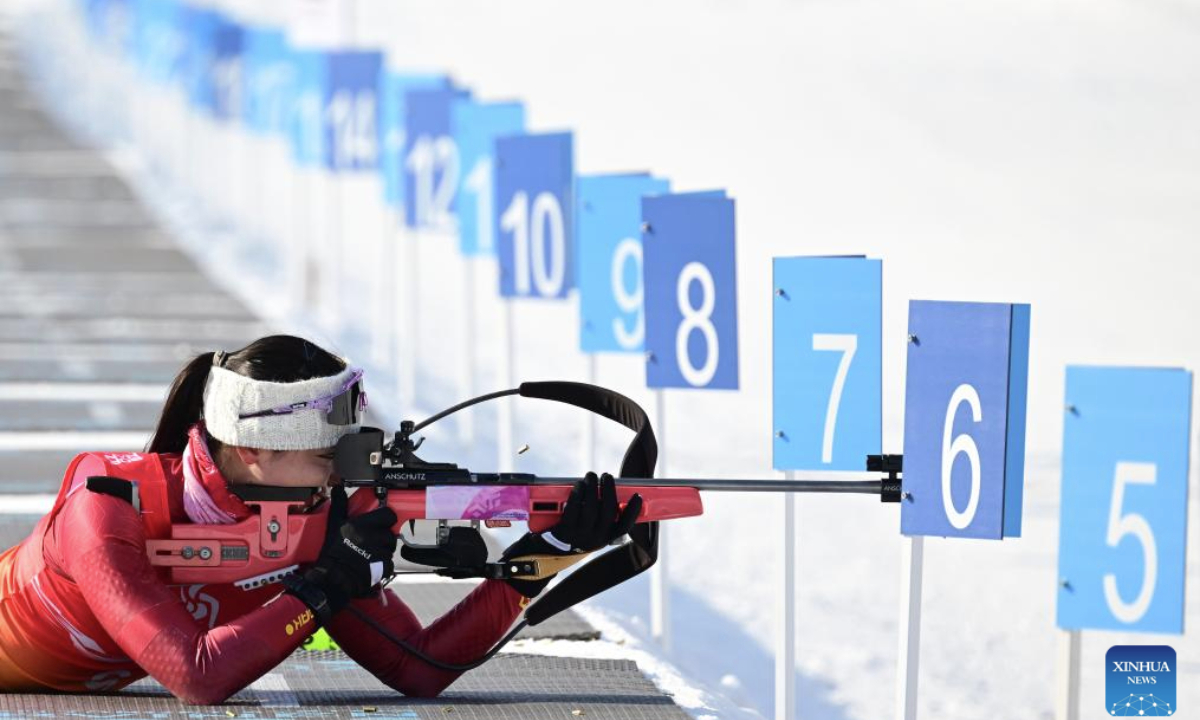 Yang Lianhong of China competes during the Biathlon women's 7.5km sprint match at the 9th Asian Winter Games in Yabuli, northeast China's Heilongjiang Province, Feb. 11, 2025 (Xinhua/Zhang Long)