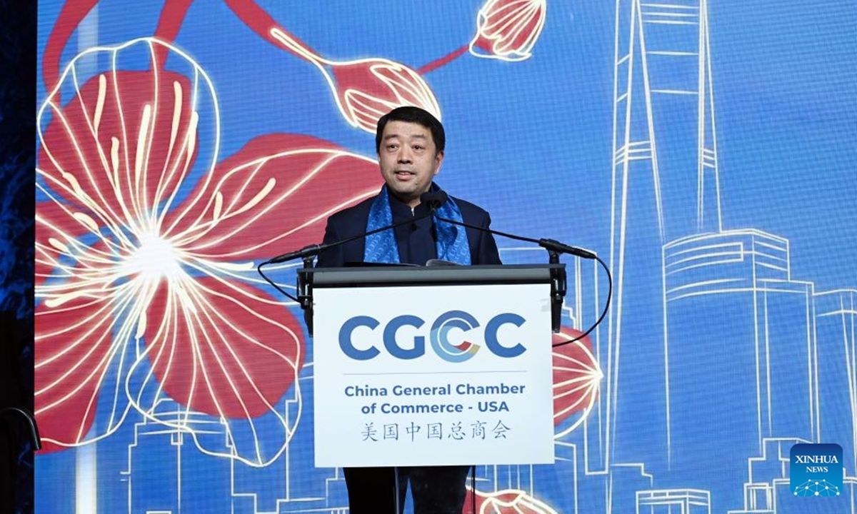 Hu Wei, chairman of the China General Chamber of Commerce-USA (CGCC), also president and CEO of Bank of China U.S.A., delivers his opening speech during the 20th anniversary gala of the CGCC in New York City, the United States, on Feb. 11, 2025. Marking two decades of fostering economic cooperation, the CGCC and the CGCC Foundation hosted a grand 20th anniversary gala in New York City on Tuesday. (Xinhua/Li Rui)