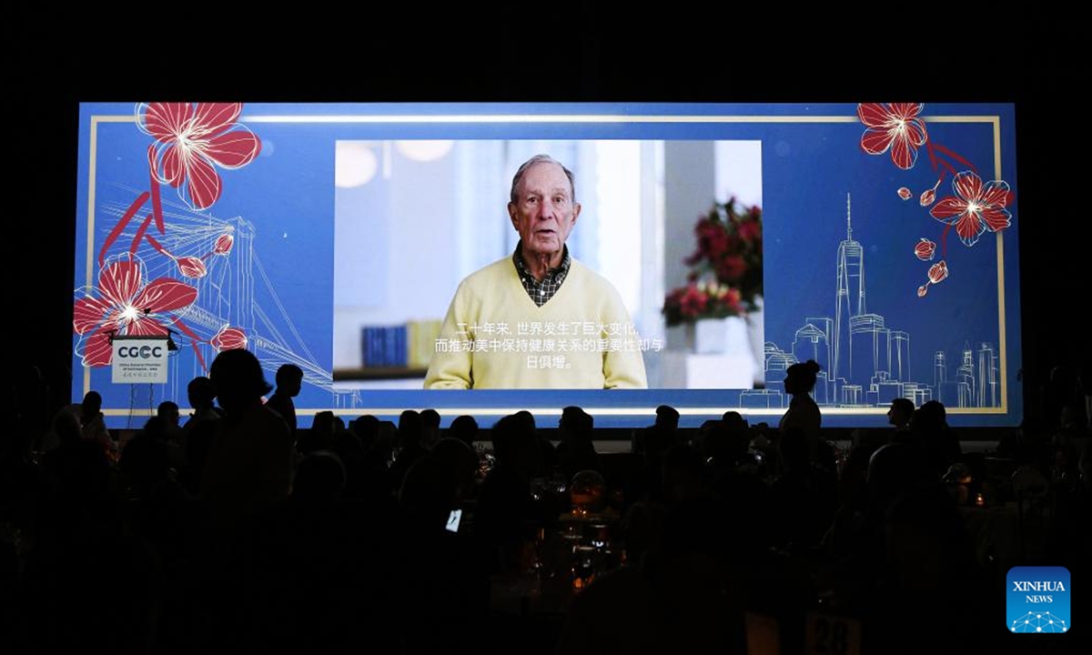 Michael R. Bloomberg, founder of Bloomberg LP and Bloomberg Philanthropies and three-term former mayor of New York City, delivers a special video message congratulating the China General Chamber of Commerce-USA (CGCC) on its 20th anniversary in New York City, the United States, on Feb. 11, 2025. Marking two decades of fostering economic cooperation, the CGCC and the CGCC Foundation hosted a grand 20th anniversary gala in New York City on Tuesday.(Xinhua/Li Rui)