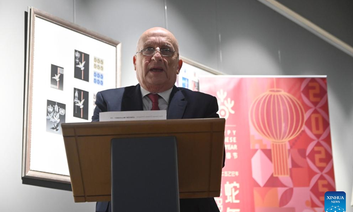 Joseph said, Chairman of the Board of Directors of Malta Post, gives a speech during a ceremony to release Year of the Snake zodiac postage stamps in Valletta, Malta, Feb. 12, 2025. MaltaPost unveiled these stamps here on Wednesday, marking the second consecutive year the country has issued stamps celebrating the Chinese Lunar New Year.

The newly released set of two stamps, designed by Maltese artist Fabio Agius and Chinese designer Fang Jun, showcases a unique blend of Maltese and Chinese cultural motifs. (Photo by Jonathan Borg/Xinhua)