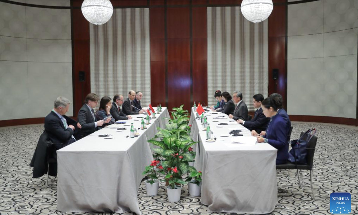 Chinese Foreign Minister Wang Yi, also a member of the Political Bureau of the Communist Party of China Central Committee, meets with Austrian interim Chancellor and Foreign Minister Alexander Schallenberg on the sidelines of the Munich Security Conference, in Munich, Germany, Feb. 15, 2025. (Xinhua/Zhang Fan)