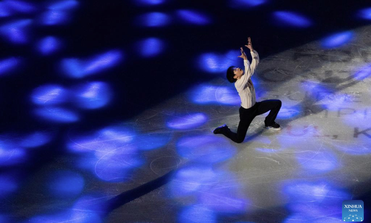 Kim Hyungyeom of South Korea performs during the Exhibition Gala at the 2025 ISU Four Continents Figure Skating Championships at Mokdong Ice Rink in Seoul, South Korea, Feb. 23, 2025. (Photo by Jun Hyosang/Xinhua)