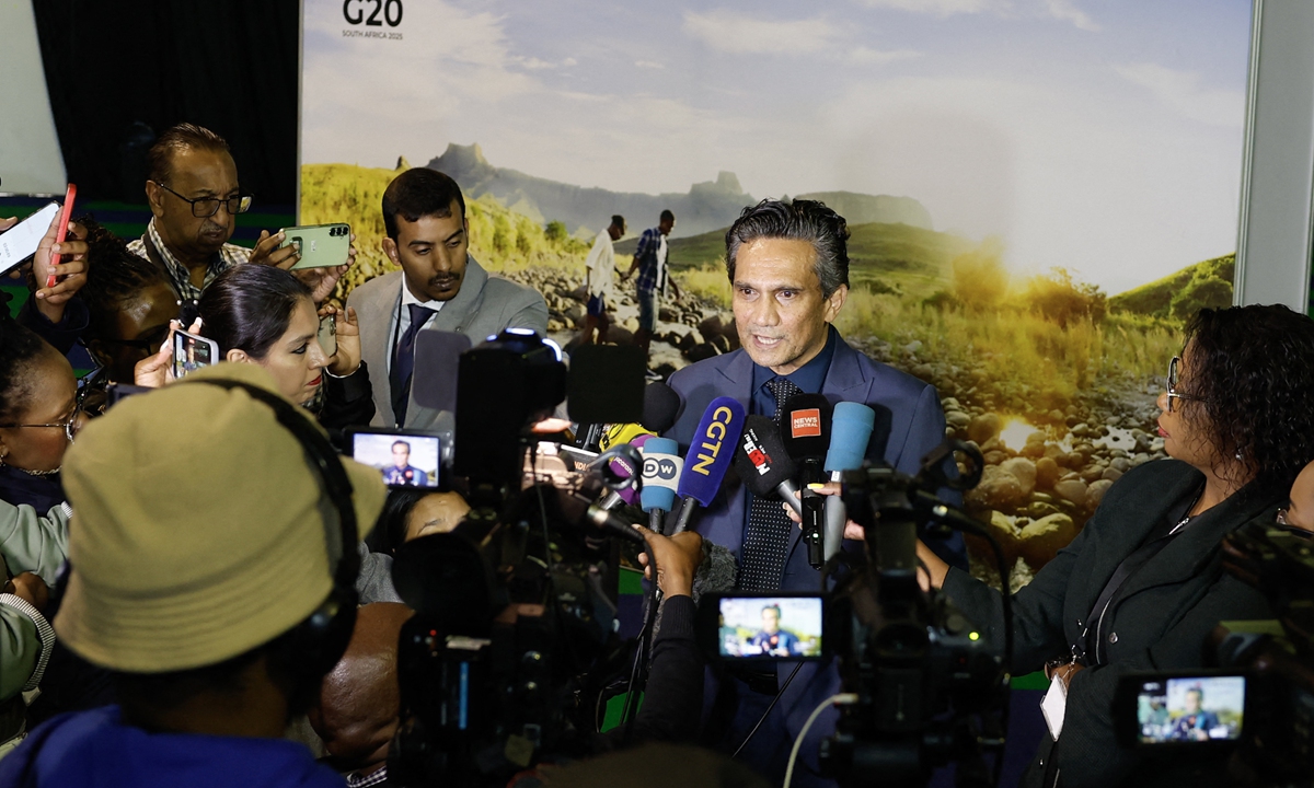 Director-General of the South African Department of International Relations and Cooperation Zane Dangor speaks to journalists ahead of the G20 Foreign Minister Meeting at the Nasrec Expo Centre in Johannesburg, South Africa on February 20, 2025. Photo: AFP