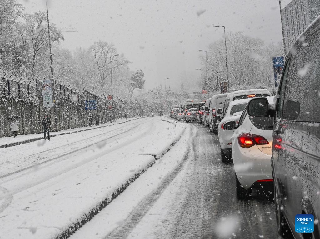 A traffic jam is seen on a street in Istanbul, Türkiye, Feb. 19, 2025. Affected by the cold front, Türkiye's largest city Istanbul underwent heavy snowfall on Wednesday. The bad weather caused serious traffic congestion and some flights were cancelled. (Photo: Xinhua)