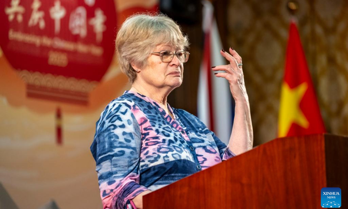 Denise Wynne, daughter of a Lisbon Maru survivor Dennis Morley, speaks at a reception for the families of the Lisbon Maru survivors in London, Britain, on Feb. 22, 2025.

The Chinese Embassy in the United Kingdom hosted a special reception in London on Saturday for the families of the Lisbon Maru survivors, commemorating the heroic rescue during World War II and celebrating the Spring Festival. (Photo by Stephen Chung/Xinhua)