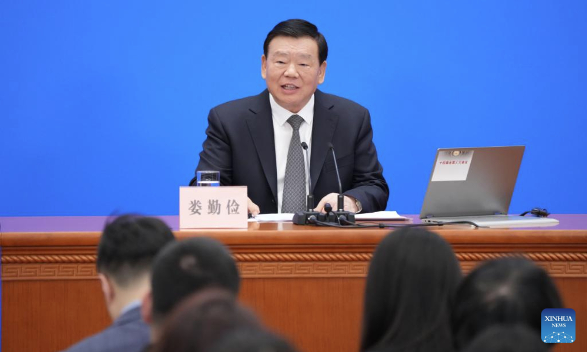 Lou Qinjian, spokesperson for the third session of the 14th National People's Congress (NPC), attends a press conference at the Great Hall of the People in Beijing, capital of China, March 4, 2025. (Xinhua/Zheng Huansong)