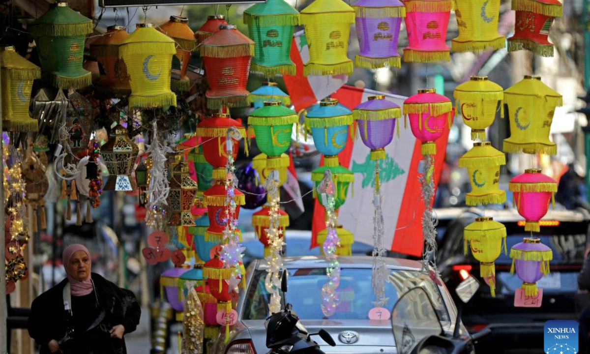 This photo shows decorations for the holy month of Ramadan on display in Beirut, Lebanon, on Feb. 25, 2025. (Xinhua/Bilal Jawich)