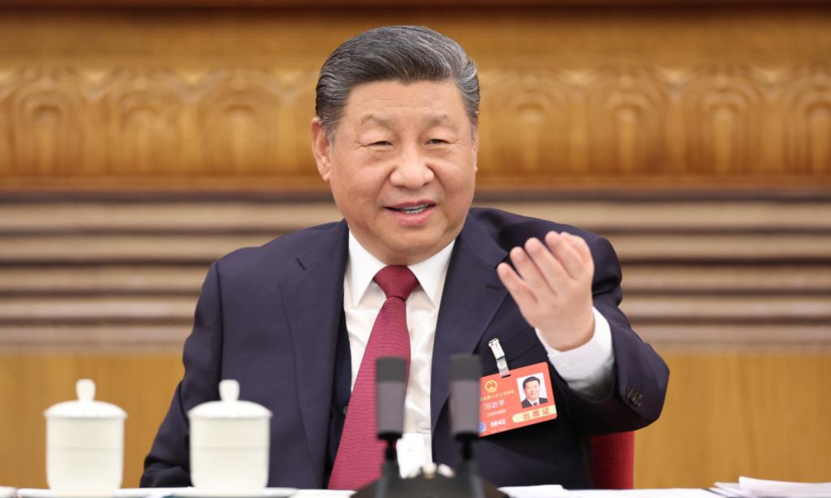 Chinese President Xi Jinping, also general secretary of the Communist Party of China Central Committee and chairman of the Central Military Commission, takes part in a deliberation with fellow lawmakers from Jiangsu during the third session of the 14th National People's Congress in Beijing, capital of China, March 5, 2025. (Photo by Sheng Jiapeng/Xinhua)