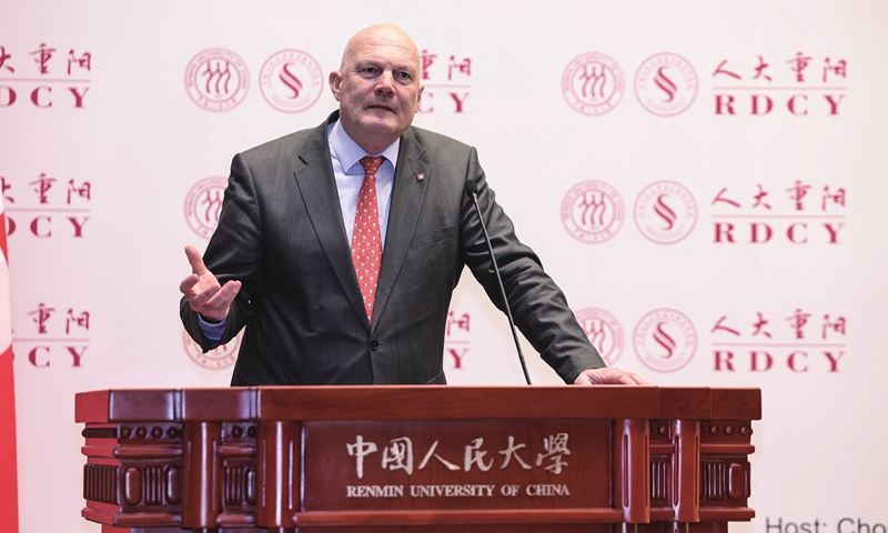 Swiss Ambassador to China Jürg Burri gives a speech at a forum in Renmin University on February 25, 2025. Photo: Courtesy of RDCY