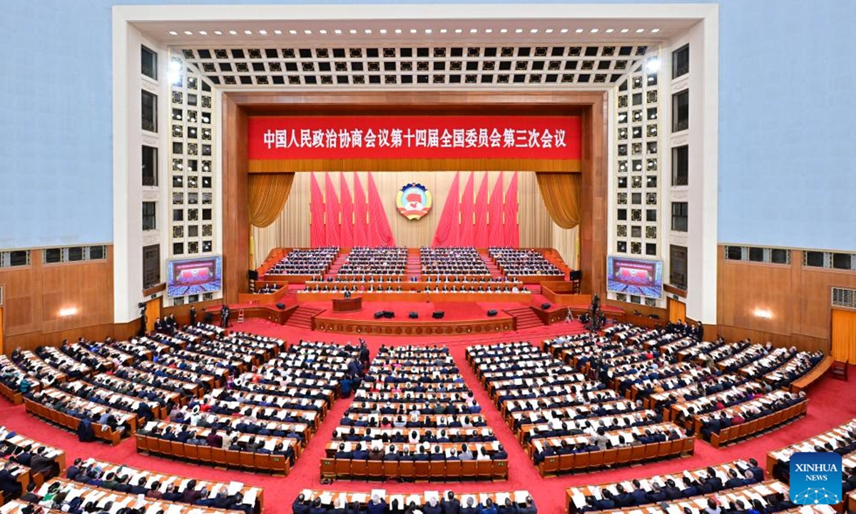 The opening meeting of the third session of the 14th National Committee of the Chinese People's Political Consultative Conference (CPPCC) is held at the Great Hall of the People in Beijing, capital of China, March 4, 2025. (Xinhua/Zhai Jianlan)