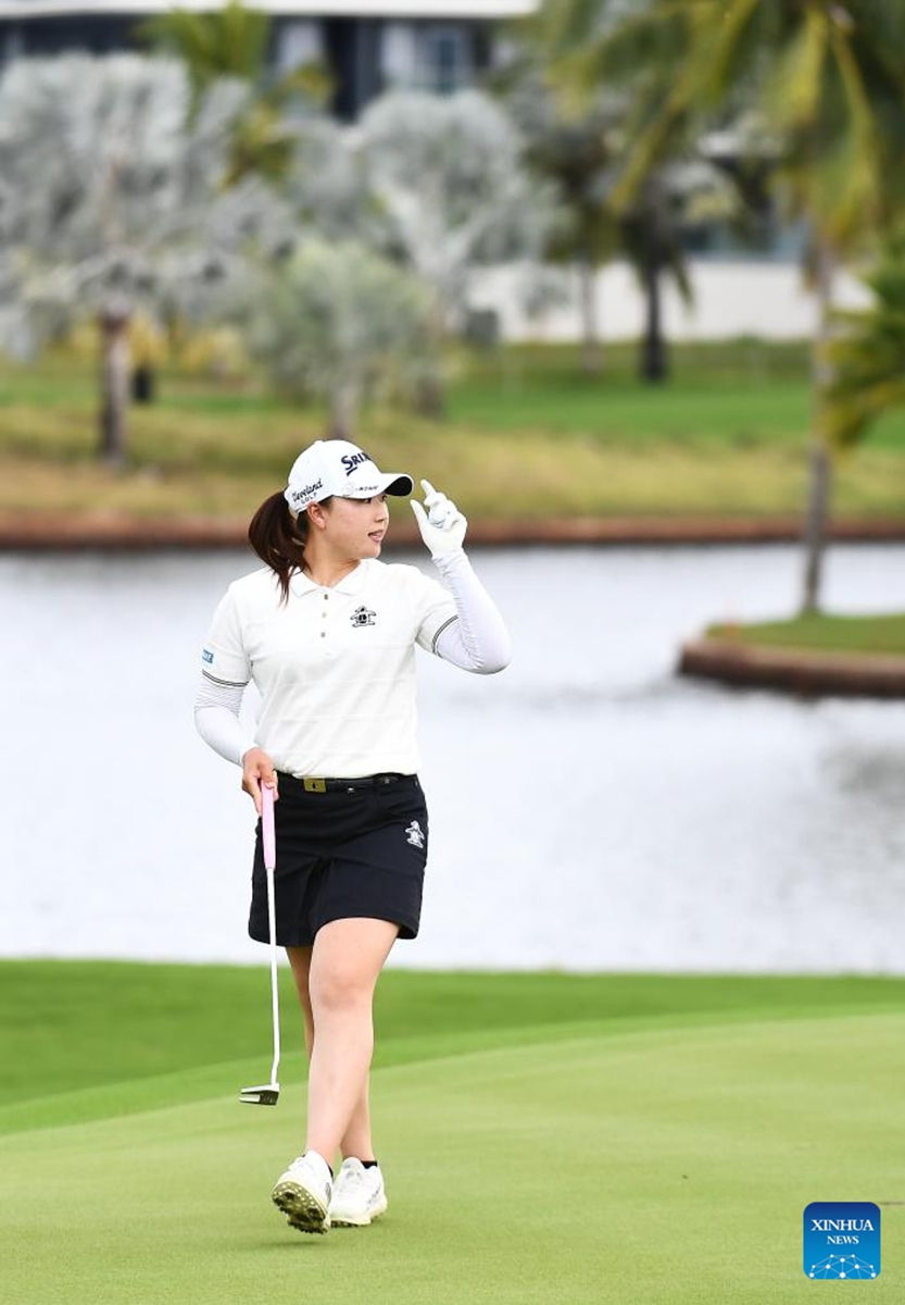 Takeda Rio of Japan reacts during the third round of the Blue Bay LPGA golf tournament in Lingshui, south China's Hainan Province, March 8, 2025. Photo: Xinhua