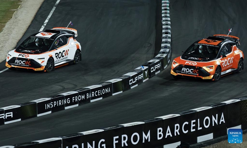 Sebastien Loeb (R) of France competes against Chaz Mostert of Australia during the final of the Race of Champions (ROC) at Accor Stadium in Sydney, Australia, March 8, 2025. Photo: Xinhua