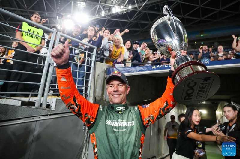 Sebastien Loeb of France celebrates winning the Race of Champions (ROC) at Accor Stadium in Sydney, Australia, March 8, 2025. Photo: Xinhua