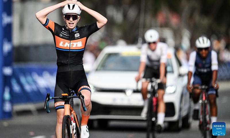 Germany's Pia Grunewald, winner of the women's U23 78km, crosses the finish line during the 2025 Cape Town Cycle Tour in Cape Town, South Africa, March 9, 2025. Photo: Xinhua